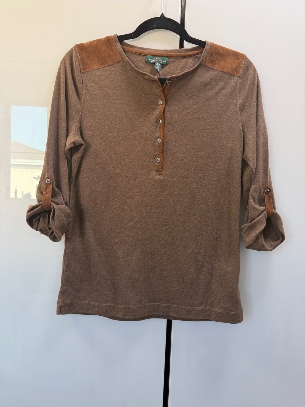 Ralph Lauren Brown Suede-Accent Henley Long Sleeve Top